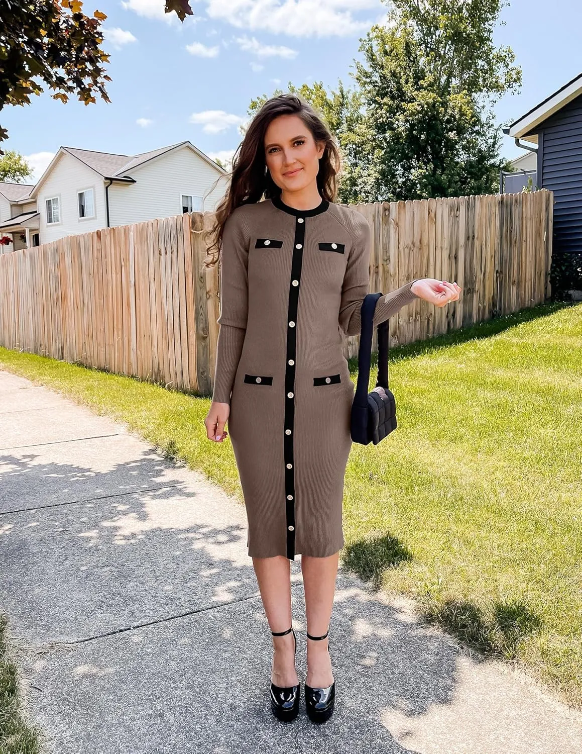 ZESICA Women's Ribbed Crewneck Sweater Dress 2024 Fall Winter Long Sleeve Button Color Block Knit Midi Dresses