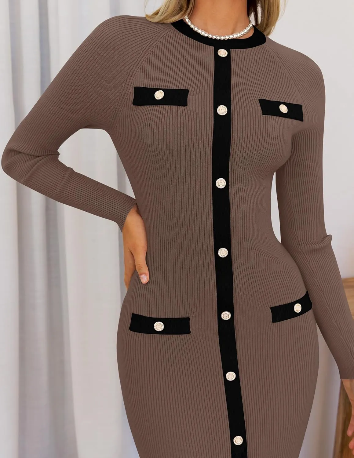ZESICA Women's Ribbed Crewneck Sweater Dress 2024 Fall Winter Long Sleeve Button Color Block Knit Midi Dresses